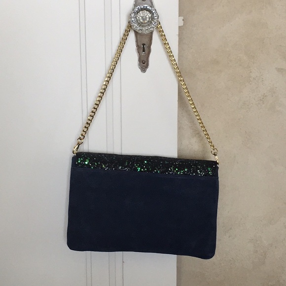 💝NWT Ann Taylor Blue Suede Green Sparkle Clutch - Picture 3 of 9